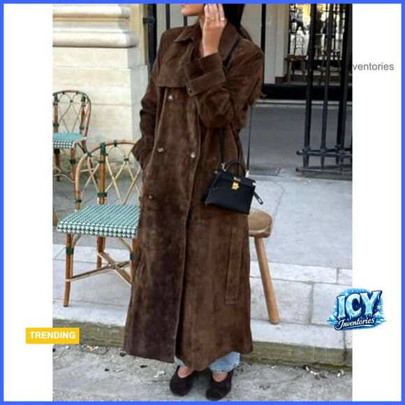 Faux Suede Trench Coat Double Breasted Pea Coat with Belt - Picture 3 of 6